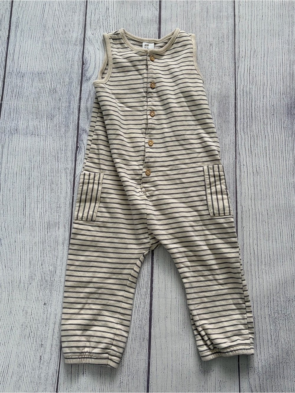 H&M Beige & Grey Sleeveless Button Down Kids Romper Size 2T